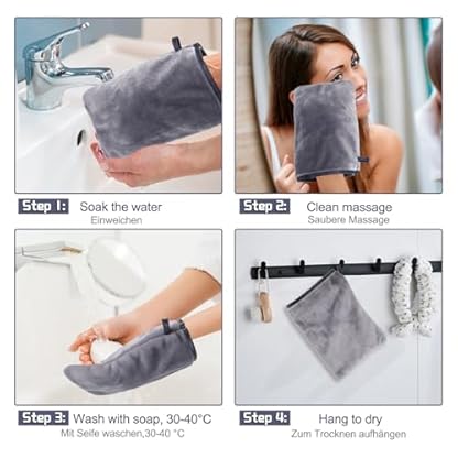 PHOGARY Flanell Mikrofaser Waschhandschuhe Waschlappen Gesicht, Flauschige Waschlappen für Kinder, Wiederverwendbare Make-up-Entferner-Handschuhe, 13x20 cm, 6 Stück, Grau – Bild 7
