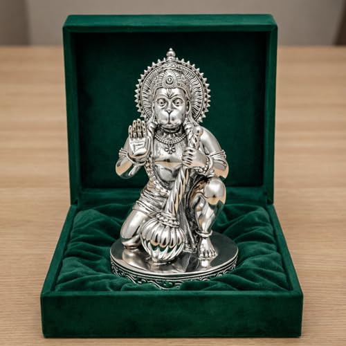 Image of Silver Plated Hanuman Idol - 6 Inch Divine Kneeling Bajrangbali Statue with Gada for Home Mandir and Office - Auspicious Vastu Decor and Spiritual Gift with Anti-Tarnish Finish