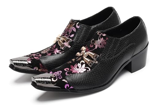 Santimon Mens Dress Casual Shoes Slip On Western Loafers with Metal Tip Toe & Chain Buckle Exotic Crocodile Pattern for Party Stage Club Disco