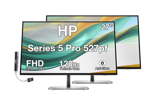 Image of HP Series 5 Pro 527pf 27 inch FHD IPS Monitor with 120 Hz 350 Nits, 5ms, Anti-Glare, Flicker Free, VESA Mount (100mm), Adjustable Height, Swivel, Pivot & Dockztorm USB Port Hub B28F5UT#ABA-Black 2 Pack