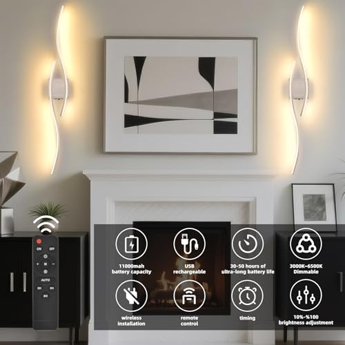 Image of Battery Powered Wall Sconces Set of 2, Nickel 39 inch LED Dimmable Wall Sconce with Remote Control /Timer /Memory, USB Rechargeable Wall lights for Living Room, Bedroom, Hallway Wireless scones lighting