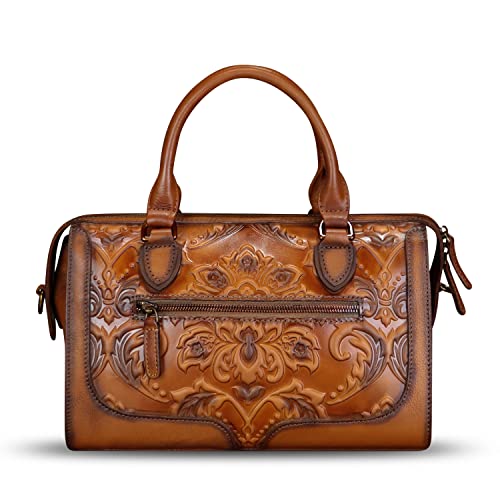 Image of Genuine Leather Satchel for Women Embossed Leather Handbag Top Handle Bags Handmade Purse Crossbody Handbags Tote Bag (Brown)