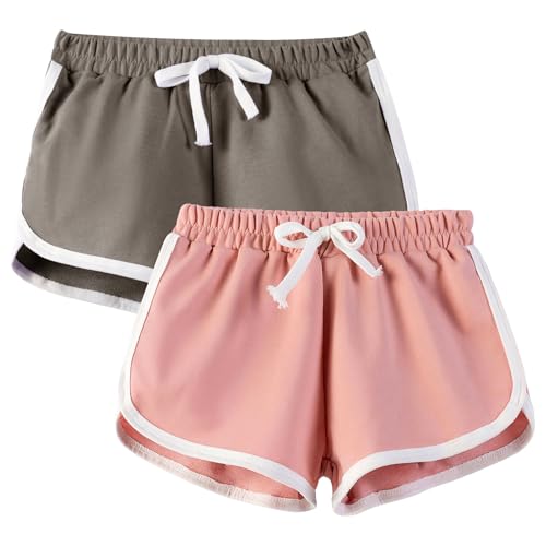 JinBei Pantalones Cortos para Niña, Pack de 2, Verano Cintura Elástica Transpirables Shorts Activos Correr Ciclismo Shorts Pantalones Niños Deportivos Ropa 12-14 Años, Rosa Gris