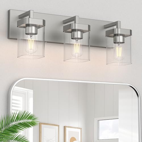 Image of 3-Light Bathroom Light Fixtures, Brushed Nickel Vanity Lights for Bathroom, Kitchen, Living Room, Modern Bathroom Vanity Lights with Clear Glass Shades