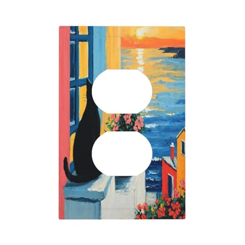 Decorative Outlet Covers Vintage Oil Painting Style Black Cat Sea Flowers 1 Gang Duplex Light Switch Cover Plate Wall Plates for Electrical Outlets Switchplate Faceplate for Home Decor
