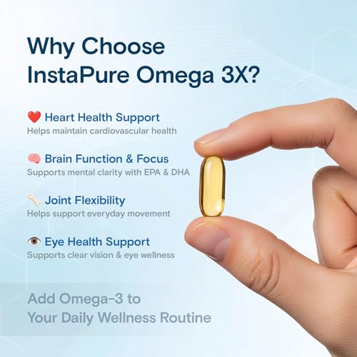 Image of InstaPure Omega 3X Triple Strength Fish Oil | 1250mg with 540mg EPA & 360mg DHA | Clinically Recommended for Diabetic Heart & Nerve Health | 60 Softgels