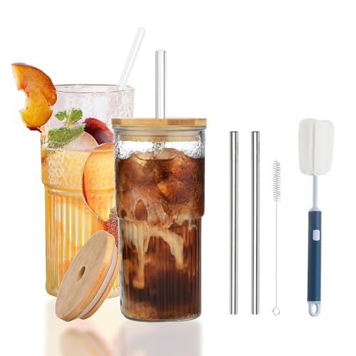Eidoct Mason Jar Lot de 2 gobelets en verre avec couvercles et pailles, gobelet en verre avec paille et couvercle, 600 ml pour café glacé, eau, cocktail, whisky, soda
