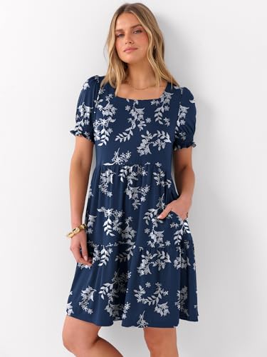 Image of ANRABESS Women Summer Square Neck Puff Short Sleeve Mini Dress 2026 Casual Flowy Sundress Beach Vacation Clothes with Pockets