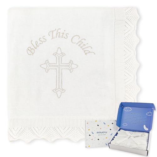 Baby Baptism Blanket – White Cotton Knit Christening Shawl with Embroidered Cross, Unisex Receiving Swaddle for Boys & Girls, 40x31 Inches, Soft Newborn Gift with Premium Gift Box