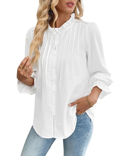 Bsubseach Women Puff Long Sleeve Shirt Textured Button Down Cotton Work Blouse Eyelet Ruffle Collar Dressy Casual Tops