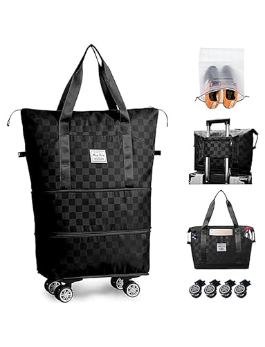 Rolling Duffle Bag with Wheels and Shoe Bag Expandable Foldable Travel Duffel Bag Carry on Luggage Bag Portable Weekender Bag(Black)