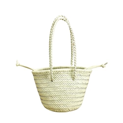 Top Layer Cowhide Hand Knitting Woven Shoulder Bag Vintage Leather Vegetable Basket Travel Beach Tote Bag(A4 White)