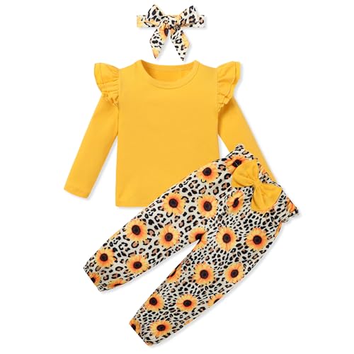 Image of SANMIO Toddler Girl Clothes Cute Ruffle Sleeve Shirt Floral Pants Headband | 3Pcs Fall Winter Outfits Kids Girls Clothing Set 1-6T