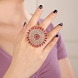 YERTTER Boho Gold Red Thick Big Round Gemstone Ring Crystal Ethnic Ring Women Statement Vintage Ring Adjustable Chic Rhinestone Band Ring for Wedding Women Brides （Gold Red）
