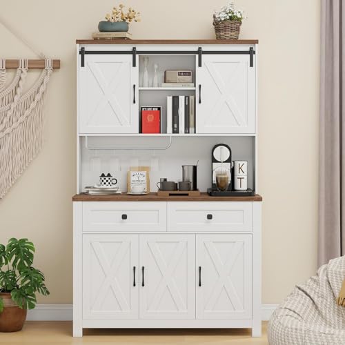 Vabches 67.7 Inch Farmhouse Pantry Storage Cabinet with Sliding Barn Doors, 2 Drawer Farmhouse Coffee Cabinet with Adjustable Shelf, Side Board with Buffet Cupboard for Kitchen, Livingroom, White