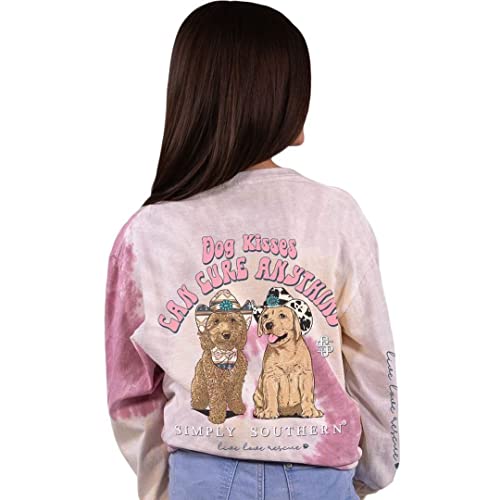 Simply Southern Youth Dog Kisses Can Cure Anything Western Style Tie-Dye Long Sleeve Shirt (Youth Small)