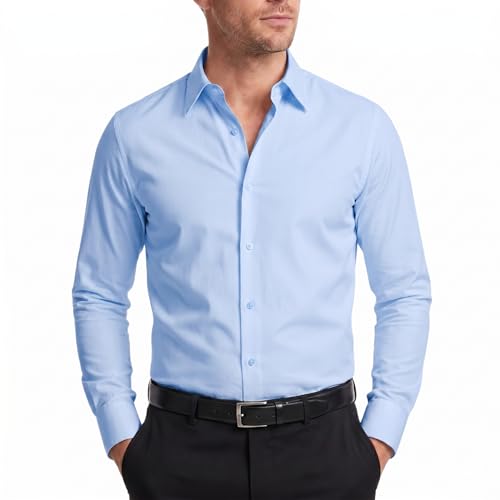 FAHIZO Men's Dress Shirt Regular Fit Soild Business Formal Long Sleeve Button Up Stretch Shirts