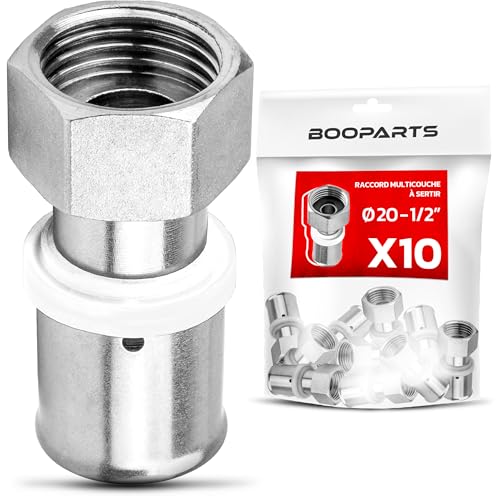 BOOPARTS – Set 10 Pezzi – Raccordo Unione a Pressare Ø20mm (20x2) Filetto 1/2 (15/21) con Dado Girevole | Raccordo Diritto Profilo TH in Ottone Nichelato | Connessione Radiatore/Valvola