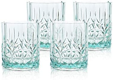 BELLAFORTE Shatterproof Tritan Plastic Short Tumbler, Set of 4, 13oz - Myrtle Beach Unbreakable Crystal Cut Old Fashioned Drinking Glasses for Whiskey - BPA Free - Dishwasher Safe - Teal