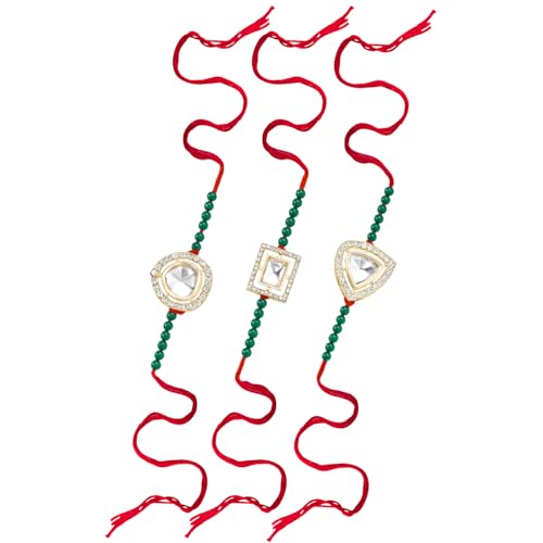 Image of Peora CZ Pearl & Crystals Studded Thread Rakhi for Brother Bhaiya | Combo Set of 3 | Raksha Bandhan Hamper with Roli Chawal & Greeting Card