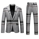 Mens Plaid Suit Slim Fit 2 Piece Casual Tuxedo Suit for Men Formal Blazer Pants Set for Wedding Business Party Grey