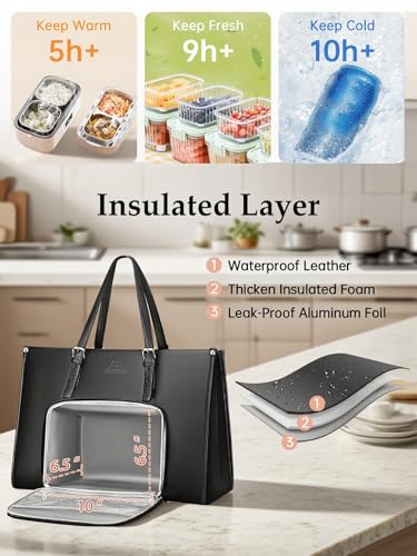 MATEIN Laptop Tote Bag with Insulated Lunch Compartment, 15.6 Inch PU Leather Briefcase with Leakproof Lunch Box Pocket for Women, Convertible Lightweight Computer Work Bag Handbag for Office, Black3