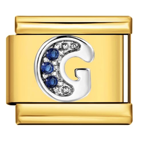 Image of Mon & Sons G Crystal 18k Gold Letter Initial Name Tag Alphabet Personalised Birthday Silver Italian 9mm Link Stainless Steel Bracelet Charm Compatible With 9mm Link