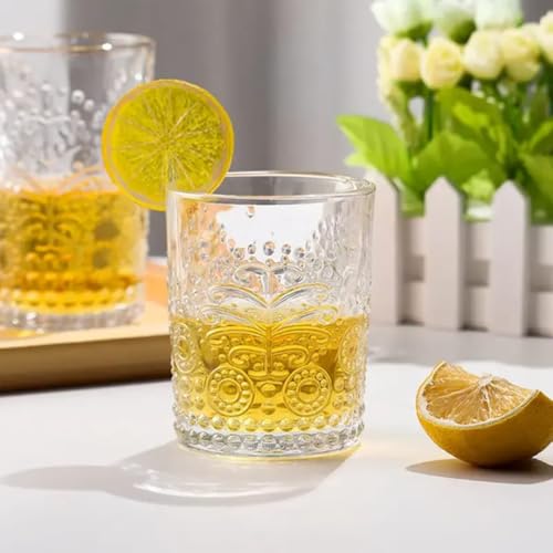 Image of PrimeWorld Romantic Vintage Embossed Water Glasses Set of 6 (280ml) - Clear Drinking Tumblers for Everyday Use & Special Occasions