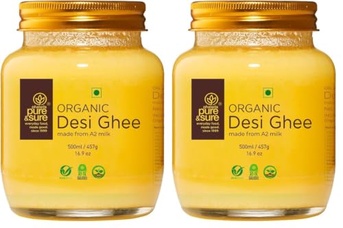 Image of Pure & Sure Organic A2 Desi Ghee 500 ML | 100% Pure Cow Ghee | Made by Traditional Bilona Method | Curd-Churned | Natural Immunity Booster & Other Benifits (Glass Jar) (Pack of 2)