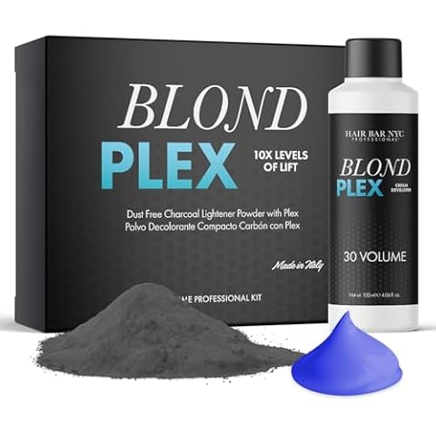 HAIR BAR NYC Blond Plex Extreme 10X Lightener + 30 Volume Anti-Yellow Violet Developer Kit - Black/Charcoal Dust-Free Hair Bleach with Keratin & Bond Building, Cool-Toned, Bright Finish Kit 60g/2.11oz Cover