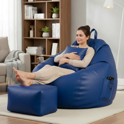 Image of KAM'S LIEU 5XL Luxury Faux Leather Bean Bag with Footrest & Cushion | Pre-Filled High-Density Polystyrene Beans | Premium Leatherette | 6 Months Warranty Color- (Royal Blue, Without Footrest)