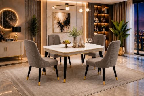 Image of WOODEN SPACE Majestic 4 Seater Wooden Dining Table Set | Urban Marble Top Dining Table with Chairs for Dining Room & Kitchen (Modern Vento Brown) (54x36x30 inch)