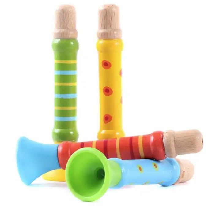 GICO 7940 Pipe pour enfant en bois 4 trompettes colorées assorties – Trompettes en bois
