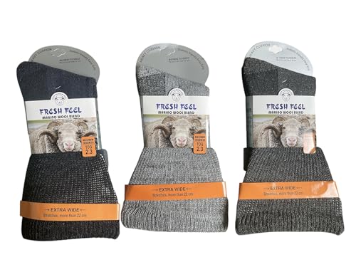 QZ FASHION 3 Paar Diabetikersocken für Herren, Merinowollmischung, extra breit, verstärkte Ferse und Zehen, Größe 39-45, mehrfarbig, 6-11