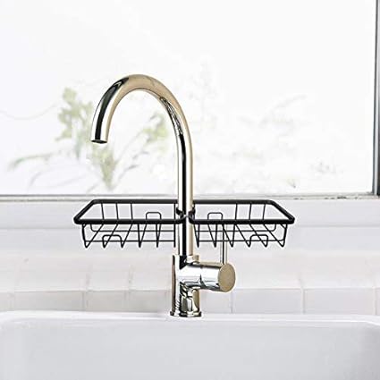 TORIOX Stainless Steel Faucet Storage Soap Sponge Dish Hanging Holder Metal Sink Caddy Organizer Drainer Clamp Rack (Black, 2 Pieces)