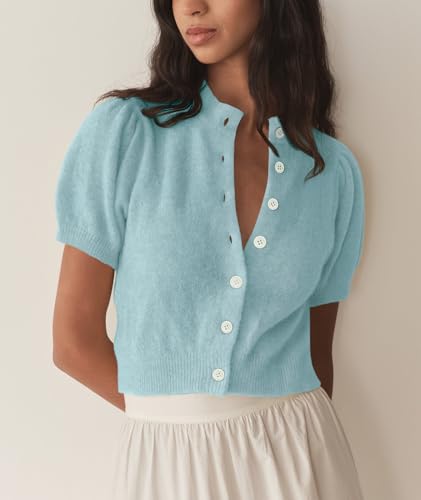 Image of Womens Puff Short Sleeve Cardigan Sweaters Cropped Button up Lightweight Y2k Knit Summer Cardigans