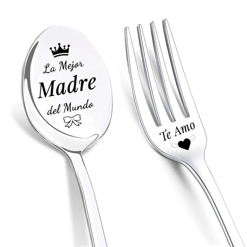 LIHIQIYA Regalo Cumpleaños para Madres, Cucharas de Café con Grabado, Tenedores de Acero Inoxidable con Grabado, La Cucharadita de Mama, Regalo Personalización Original, Regalos para Mama Cumpleaños