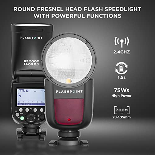 Flashpoint Zoom Li-On X R2 Ttl Round Head On Camera Flash Wireless Speedlight, This Flash For Sony Is A Professional Camera Flash Kit With 76Ws 2.4G 2600Mah Li-Ion Battery, 480 Full-Power Flashes #TOP1
