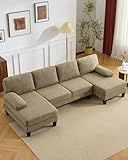 Karl home 110' U-Shape Sectional Couches for Living Room Chenille Upholstery 4 Seat Sofa Set with Double Chaises & Wood Grain Legs for Apartment, Khaki