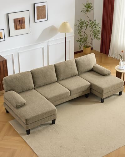 Karl home 110' U-Shape Sectional Couches for Living Room Chenille Upholstery 4 Seat Sofa Set with Double Chaises & Wood Grain Legs for Apartment, Khaki