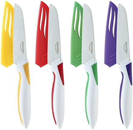 MONGSEW Colorful 8 PCS Paring Knives, 4 PCS Paring Knife and 4 PCS Knife Sheath, 4inch fruit and vegetable knife, Stylish Paring Knife Set, German Stainless Steel, Latest Rubber+PP Ergonomic Handle