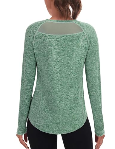Wayleb Damen Langarm Tshirt Sport Rundhals Mesh am Rücken Belüftend Fitness Oberteile für Dauerhaftes Training und Yoga Grün S-XXL