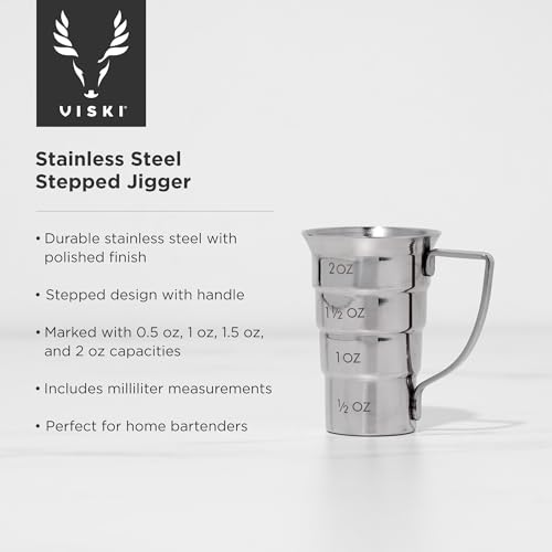 Viski Stepped Jigger with Handle, 4 Markings, Measuring Cup for Cocktail Recipes, 0.5 oz, 1 oz, 1.5 oz, & 2 oz, Stainless Steel, Set of 1, Silver
