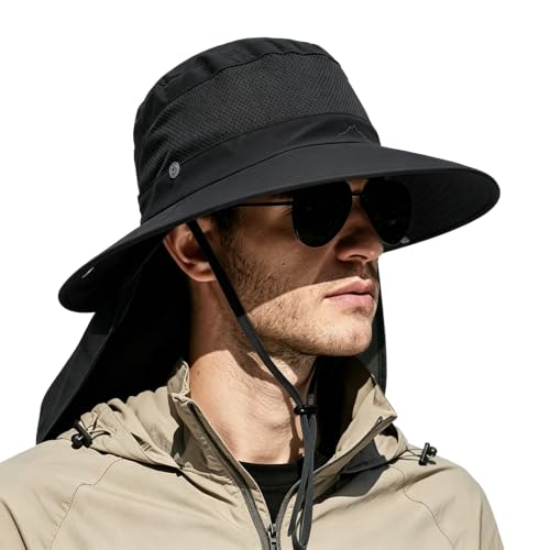 Image of Outdoor Sun Hats with Stowable Neck Flap for Men Women UPF 50+ Mesh Summer Bucket Hat Wide Brim for Fishing Safari Hiking