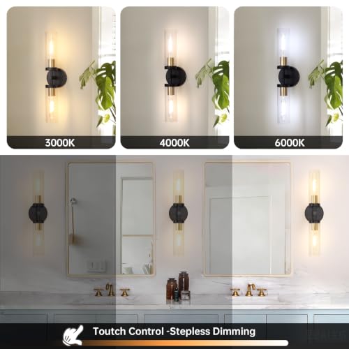 Image of Shenmoyl Set of 2 Wall Sconces, 7800 mAh Battery Operated Wall Sconce with 3 Colors & Remote Control, Black Gold Rechargeable Wall Lamp with Clear Glass Shade for Bedroom, Bathroom, Stairwell, Hallway