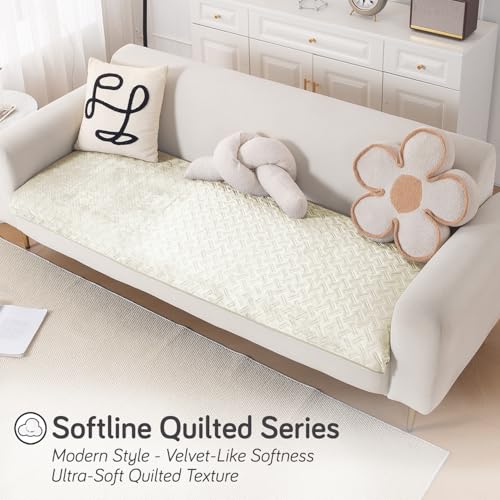 Image of HOKIPO Velvety Quilted Anti-Slip Sofa Cover Mats for L-Shape & 1 /2 / 3 Seater Sofa |DIY Sofa Cover Set, 'Softline Quilted Series' 70(W) x 180(L) cm | Butter Cream (AR-6318-CRM)