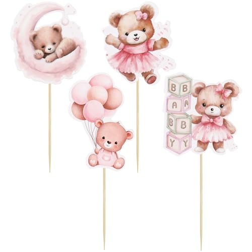 Gyufise 36Pcs Baby Shower Bear Cupcake Toppers Moon Baby Bear Baby Shower Cake Topper Decorations Jungle Animal Theme Baby Shower Birthday Party Cake Supplies Pink thumb #2