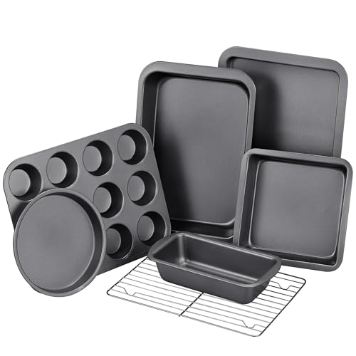 Baking Pans Sets, Nonstick Bakeware Sets 7-Piece with Round/Square Cake Pan, Loaf Pan, Muffin Pan, Cookie Sheet, Roast Pan, Cooling Rack, Carbon Steel Bake Set