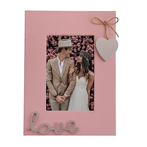 4x6 Love Picture Frame Pink Vertical with Silver Heart for Table Top and Wall Mounting-Distressed Wooden Photo Frame HD Glass Inside (pink3)