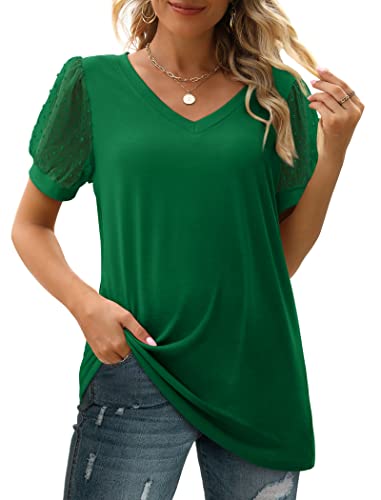 Image of Aokosor Womens Summer Tops V Neck T Shirts Swiss Dot Puff Sleeve Tops Loose Casual Tshirts
